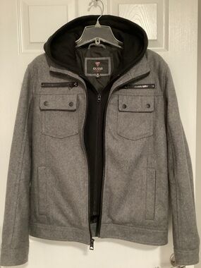 Men’s GUESS Gray Heavy Wool Coat with Black Inner Lining and Hood
